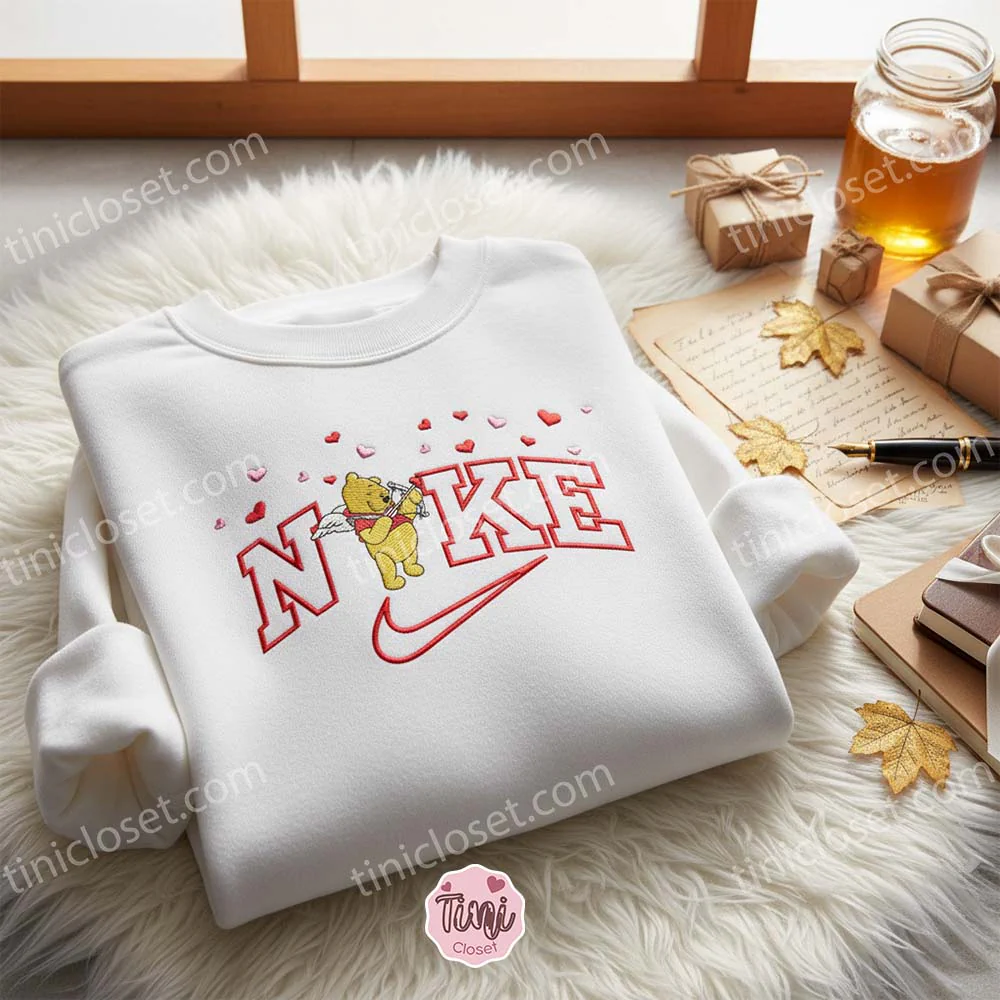 Winnie The Pooh Cupid Embroidered Shirt, Disney Embroidered Sweatshirt, Cartoon Embroidered Hoodie