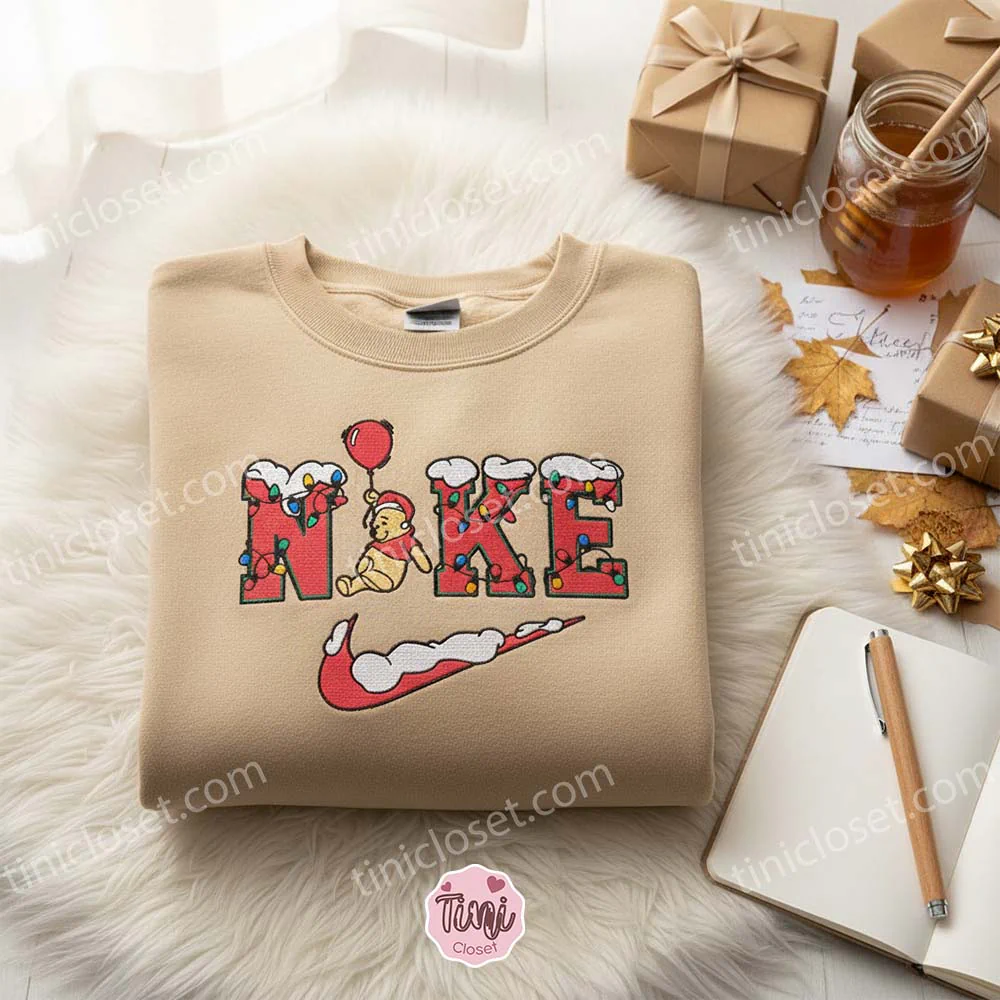 Winnie The Pooh With Balloon Xmas Embroidered Shirt, Christmas Embroidered Hoodie, Best Gifts For Family