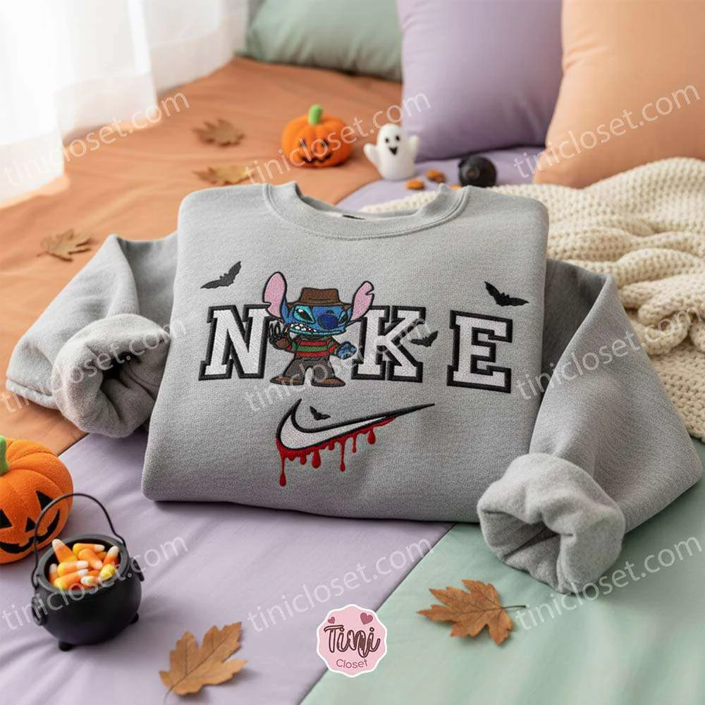 Stitch Freddy Krueger Drip Swoosh Halloween Embroidered Hoodie, Nightmare on Elm Street Experiment 626 Sweatshirt, Spooky Streetwear Horror Apparel, Gift for Him Her