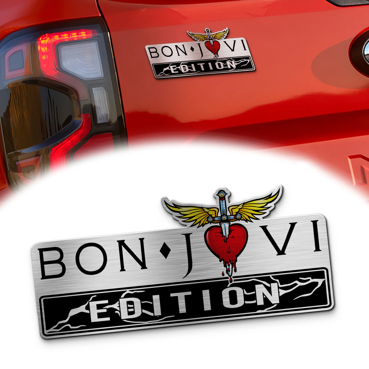 Bon Jovi Edition Car Name Emblem Version 2, Brushed Metal Badge for Car Rear, Silver