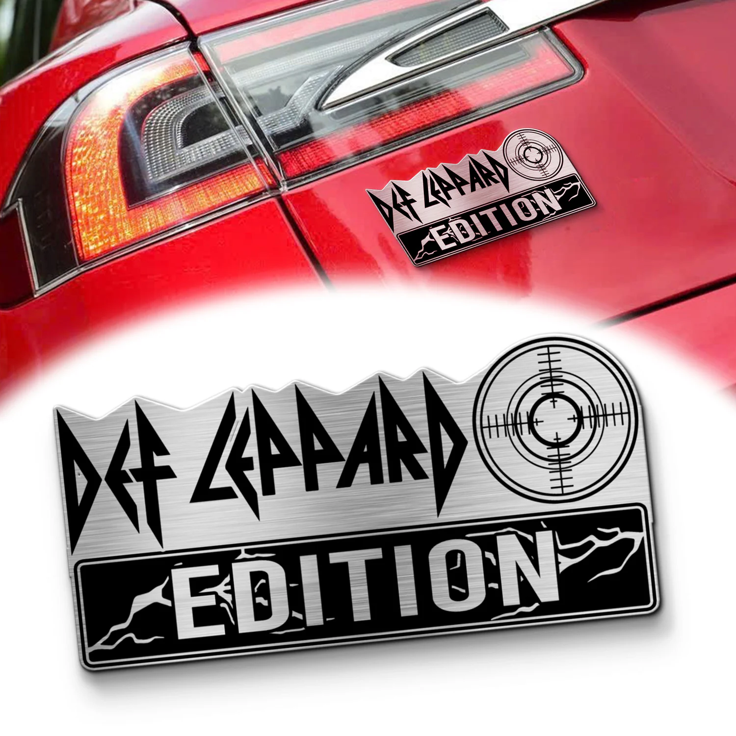 Def Leppard Edition Laser Engraved Car Name Emblem, Brushed Metal Badge for Car Rear, Silver