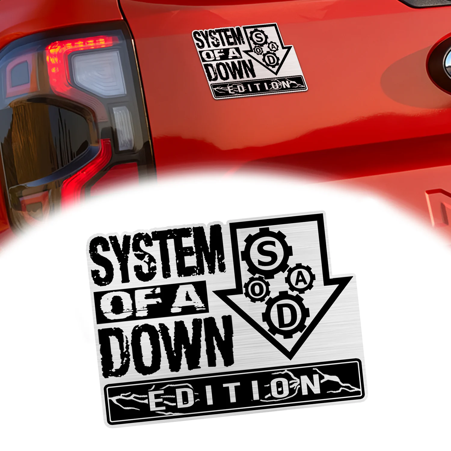 System of a Down Edition Car Emblem Version 2, Brushed Metal Badge for Car Rear, Silver