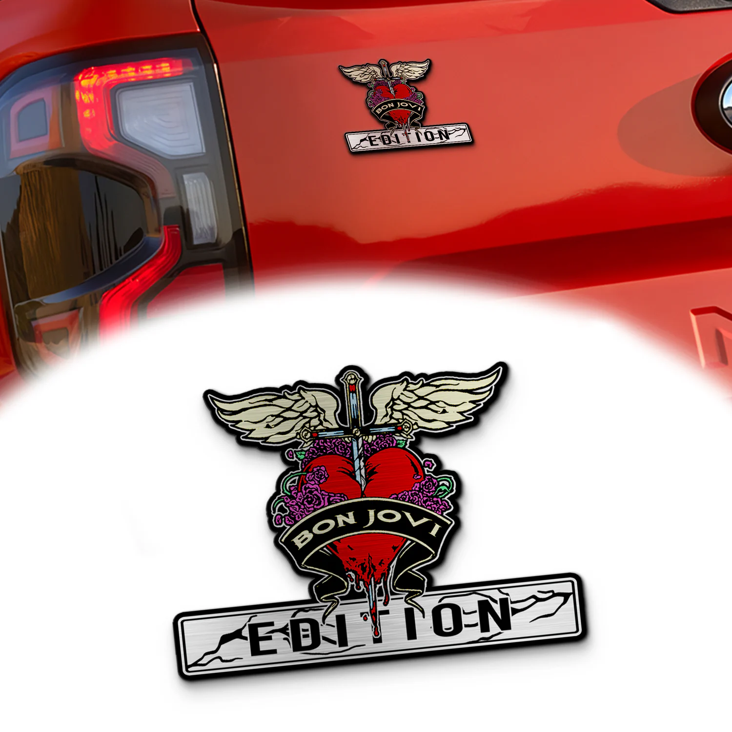 Bon Jovi Edition Car Name Emblem Version 3, Brushed Metal Badge for Car Rear, Silver
