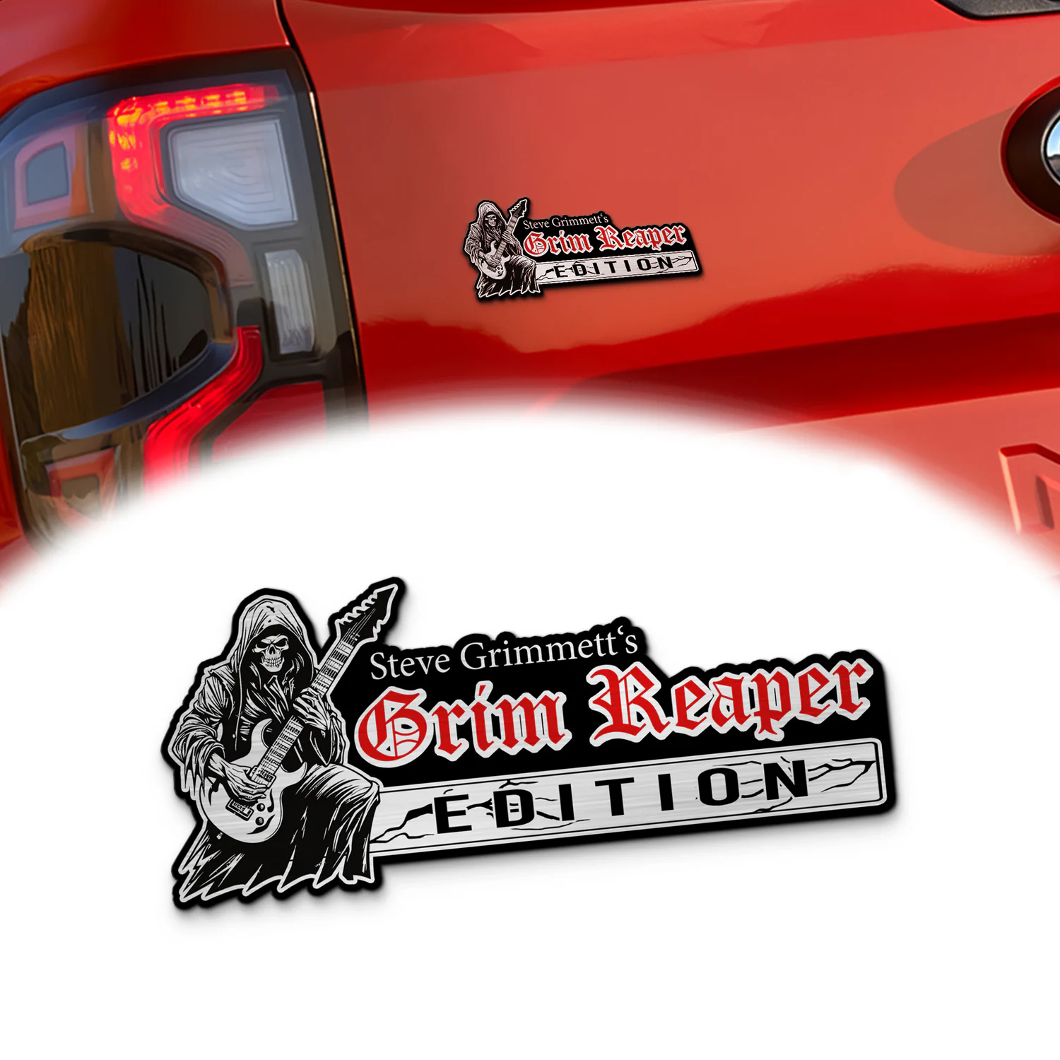 Grim Reaper Edition Custom Car Emblem Version 2, Brushed Metal Badge for Car Rear, Silver