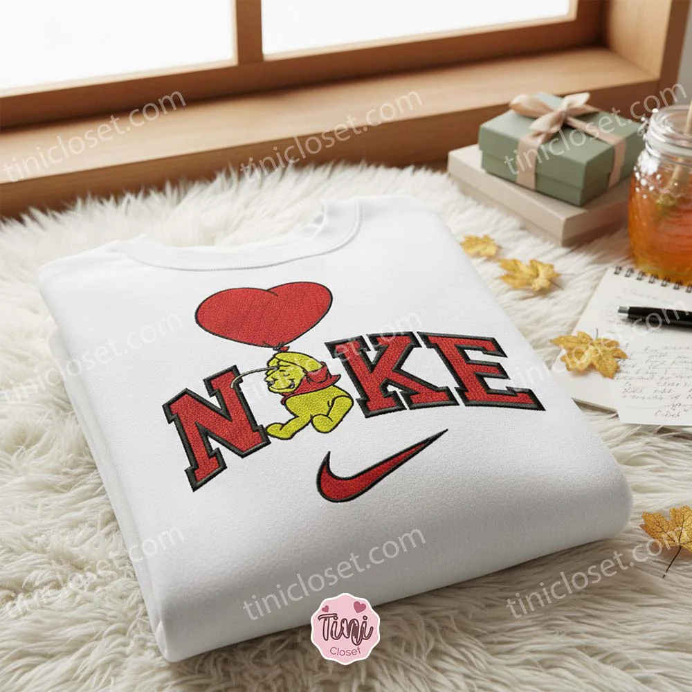 Winne the Pooh Holding Heart Balloon Embroidered Sweater, Disney Cartoon Embroidered Crewneck, Valentine’s Day Gifts