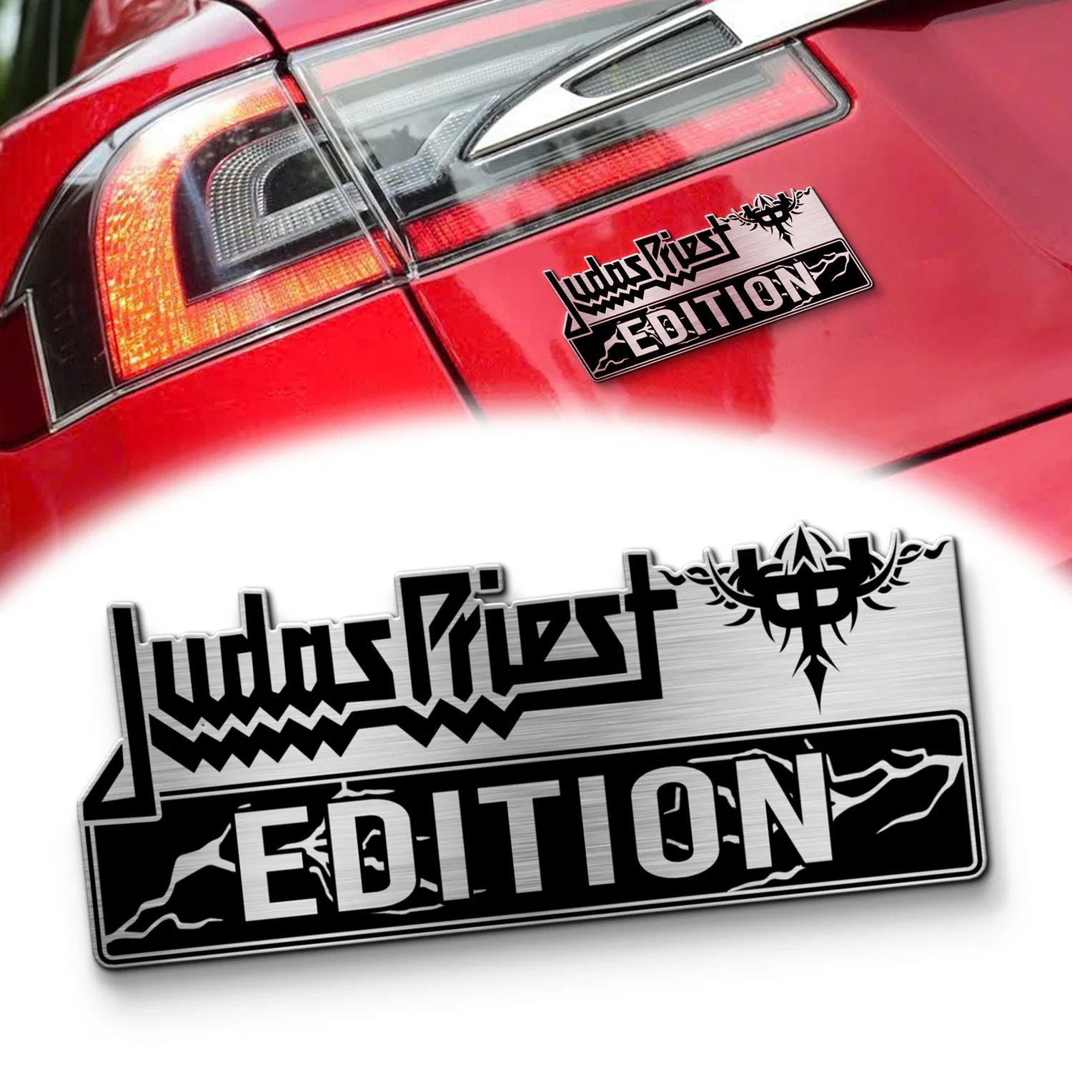 Judas Priest Edition Laser Engraved Car Name Emblem, Brushed Metal Badge for Car Rear, Silver