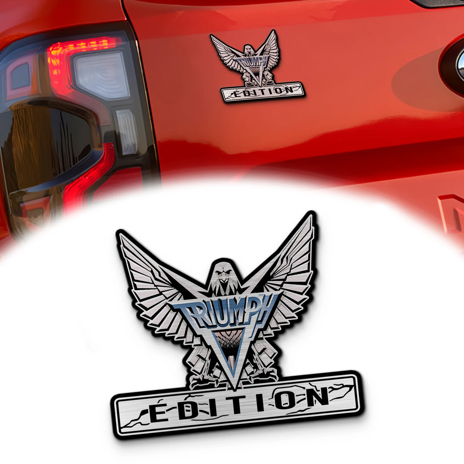 Triumph Edition Car Emblem Version 1, Brushed Metal Badge for Car Rear, Silver