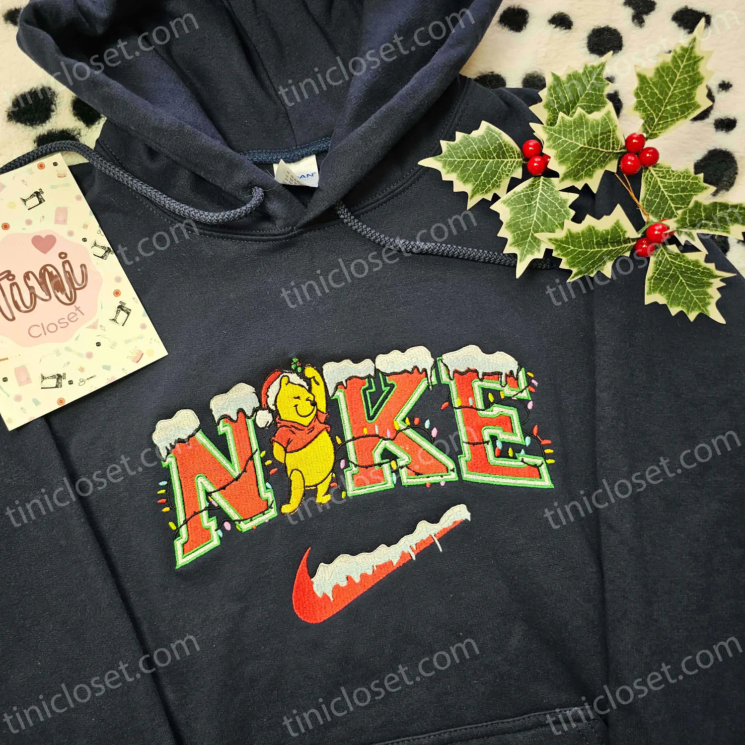 Winnie The Pooh Christmas Lights Embroidered Sweatshirt, Pooh Bear Snow Holiday Hoodie, Disney Xmas Shirt