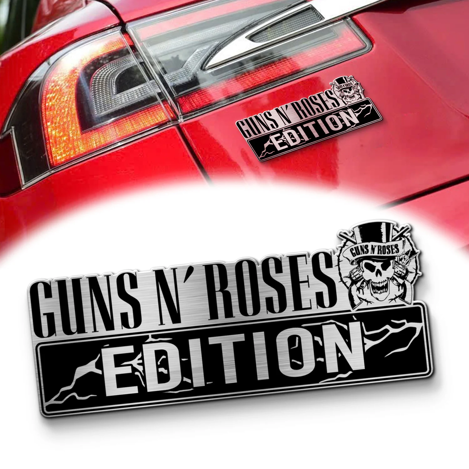 Guns N' Roses Edition Laser Engraved Car Name Emblem, Brushed Metal Badge for Car Rear, Silver