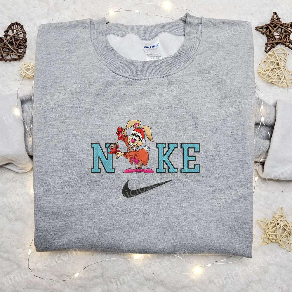 White Rabbit Xmas Embroidered Sweatshirt, Disney Alice In Wonderland Embroidered Shirt, Best Christmas Gift