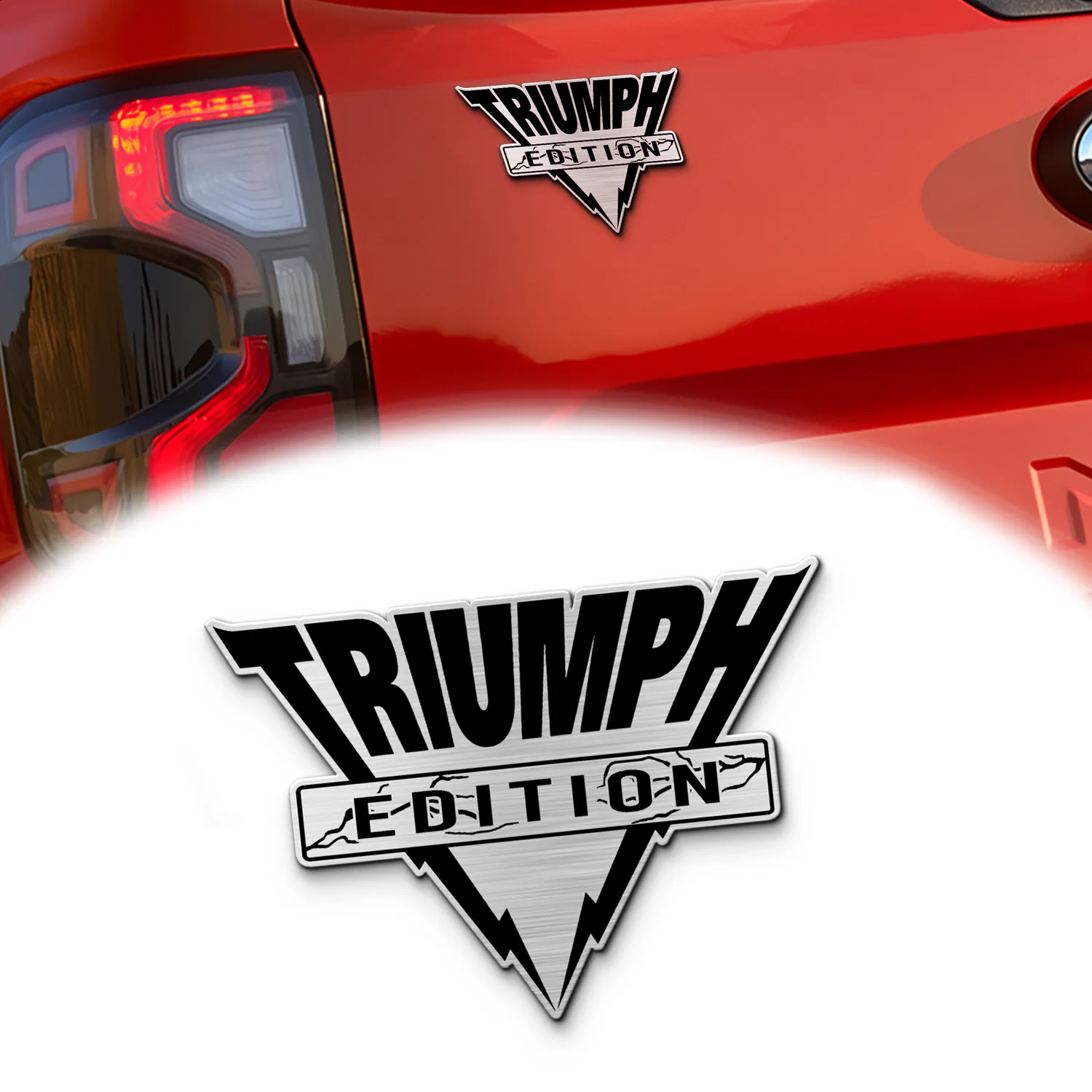 Triumph Edition Car Emblem Version 2, Brushed Metal Badge for Car Rear, Silver