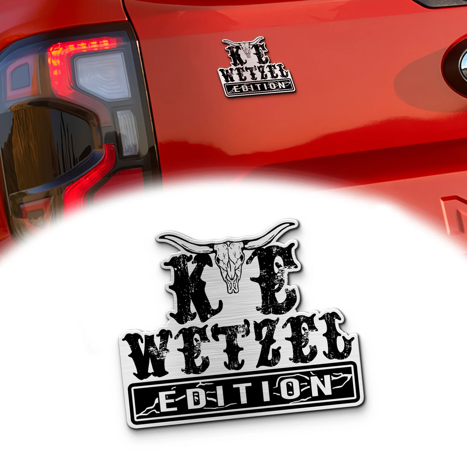 Koe Wetzel Edition Car Emblem, Brushed Metal Badge for Car Rear, Silver