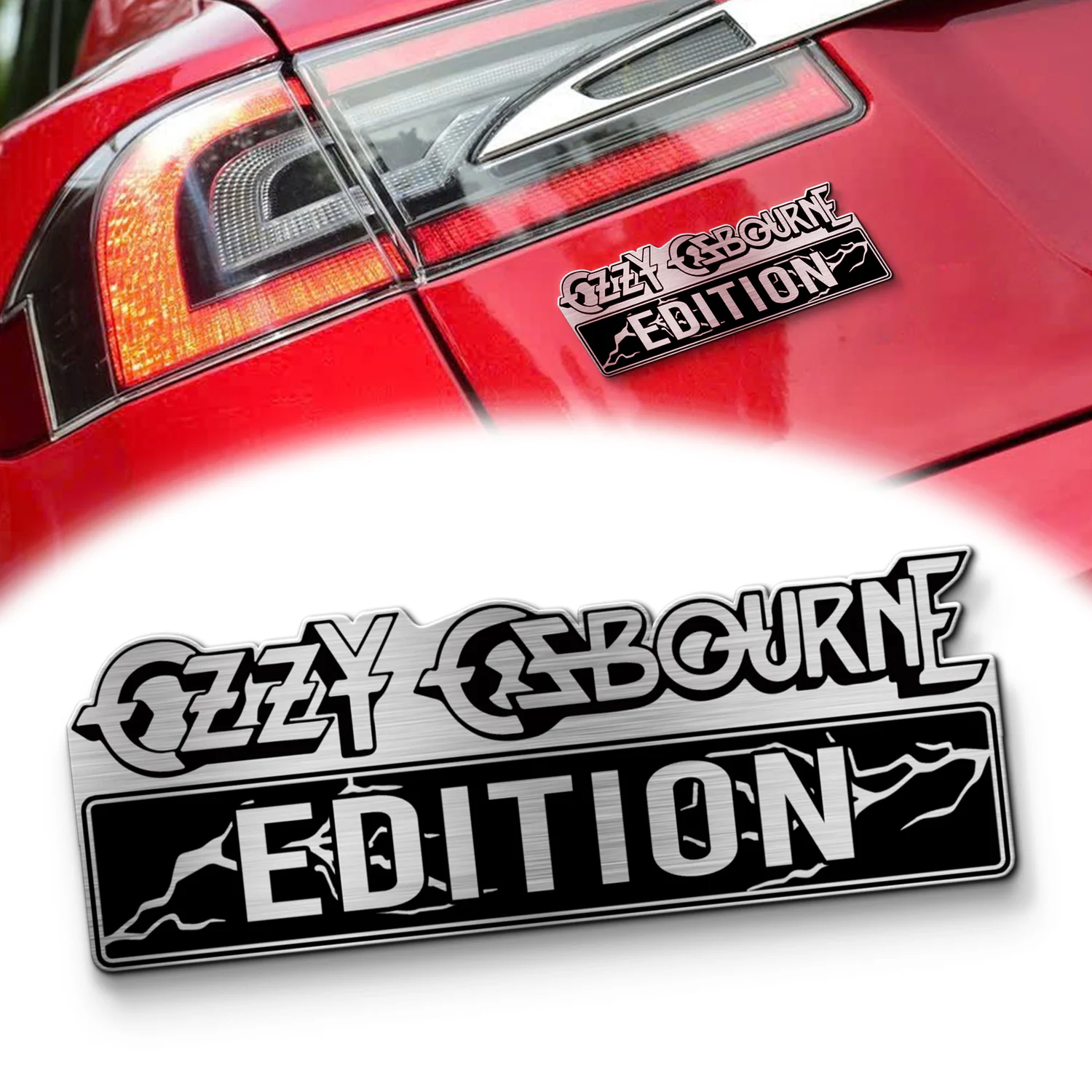 Ozzy Osbourne Edition Laser Engraved Car Name Emblem, Brushed Metal Badge for Car Rear, Silver and Black