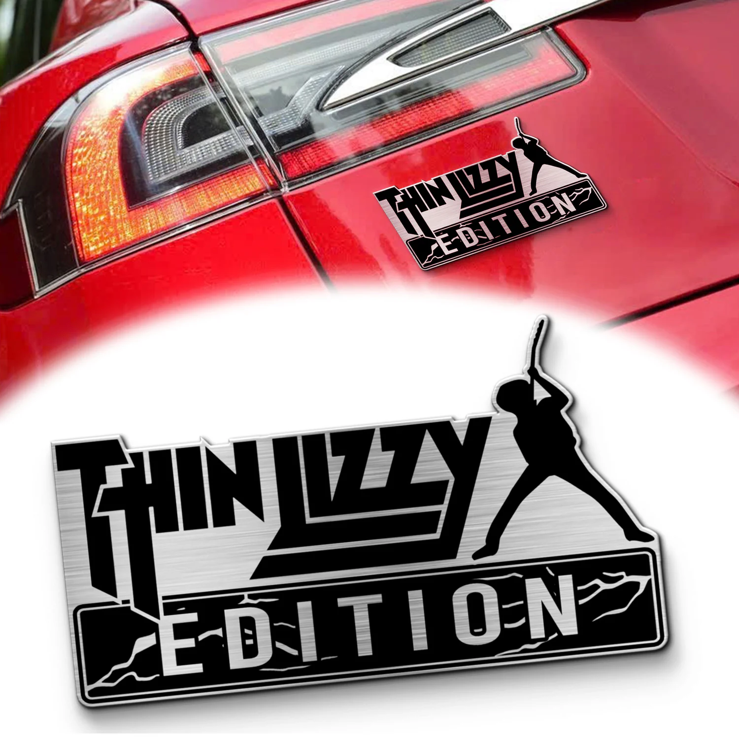 Thin Lizzy Edition Laser Engraved Car Name Emblem, Brushed Metal Badge for Car Rear, Silver