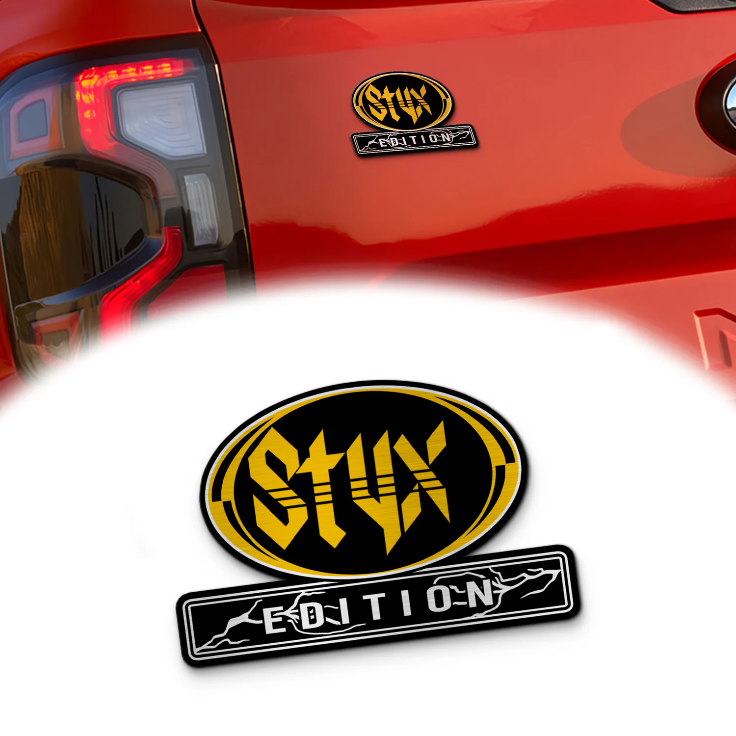 Styx Edition Custom Car Emblem, Brushed Metal Badge for Car Rear, Silver