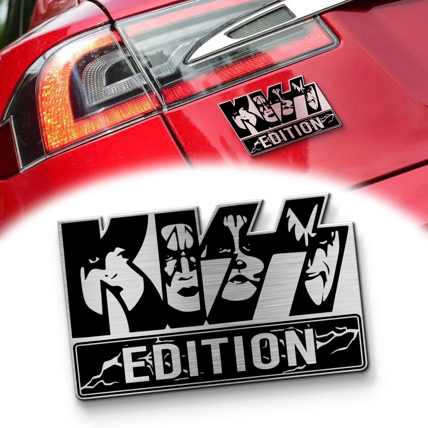 KISS Edition Laser Engraved Car Name Emblem New Version, Brushed Metal Badge for Car Rear, Silver