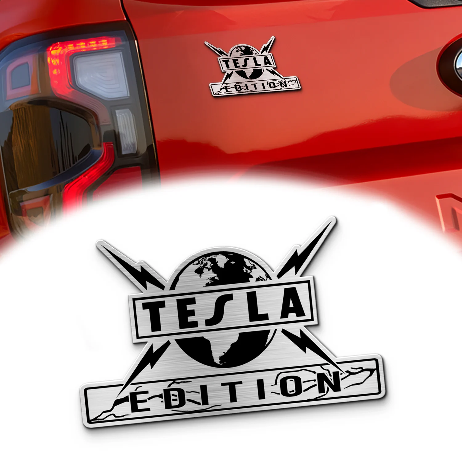 Tesla Edition Car Emblem, Brushed Metal Badge for Car Rear, Silver