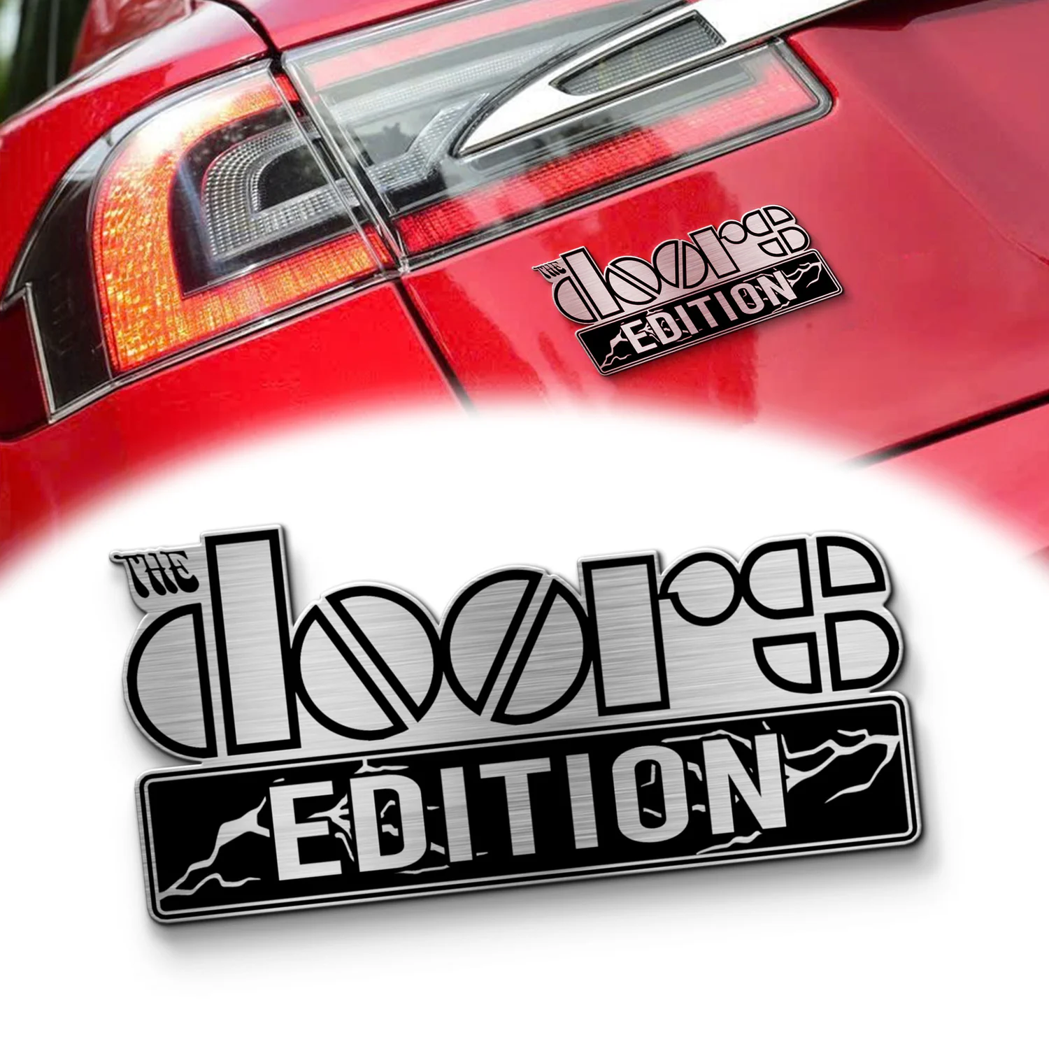 The Doors Edition Laser Engraved Car Name Emblem, Brushed Metal Badge for Car Rear, Silver