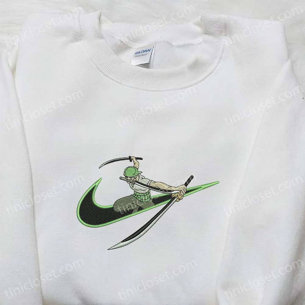 Zoro x Nike Swoosh Embroidered Shirt, One Piece Anime Embroidered Hoodie, Best Gift Idea