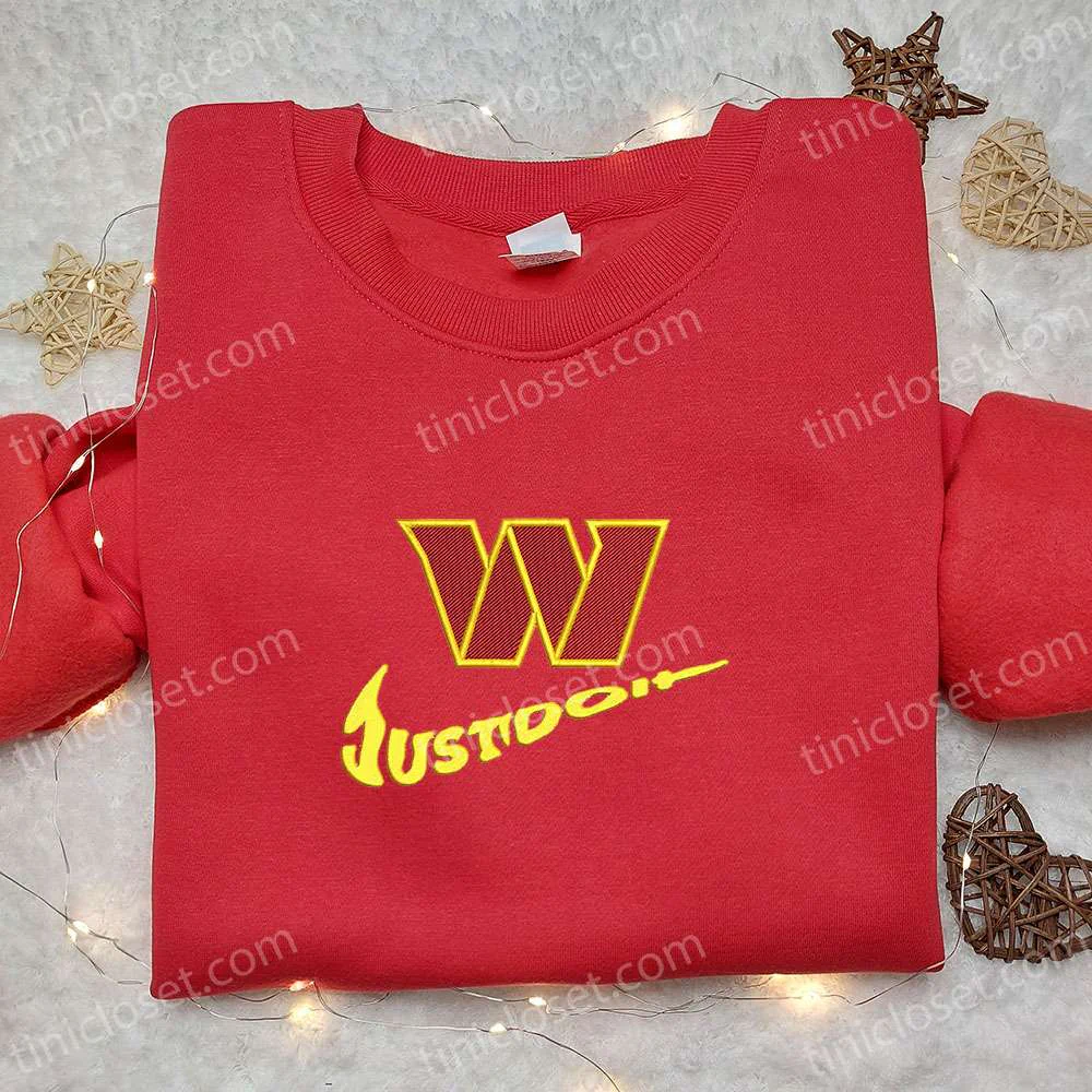 Washington Commanders Just Do It x Nike Swoosh Embroidered Shirt, NFL Sports Embroidered Hoodie, Best Gift Idea