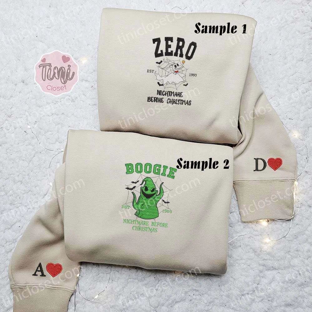 Zero And Boogie The Nightmare Before Christmas Embroidered Couples Shirts