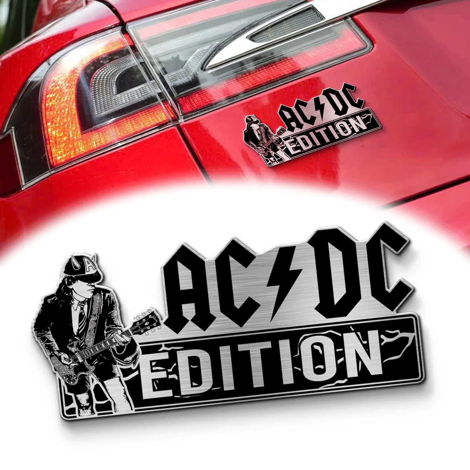 AC/DC Edition Laser Engraved Car Name Emblem, Brushed Metal Badge for Car Rear, Silver
