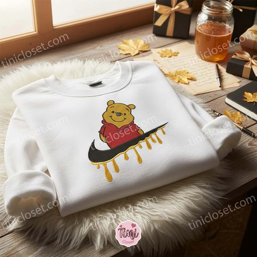 Winnie The Pooh Embroidered Crewneck, Disney Embroidered Sweater, Cartoon Embroidered Tee