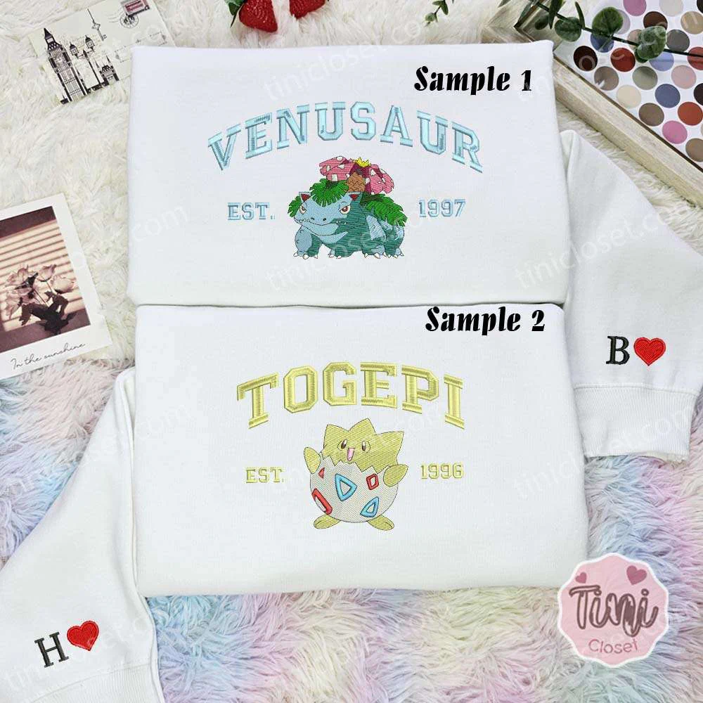 Venusaur And Togepi Est 1996 Pokemon Anime Embroidered Couples Shirts
