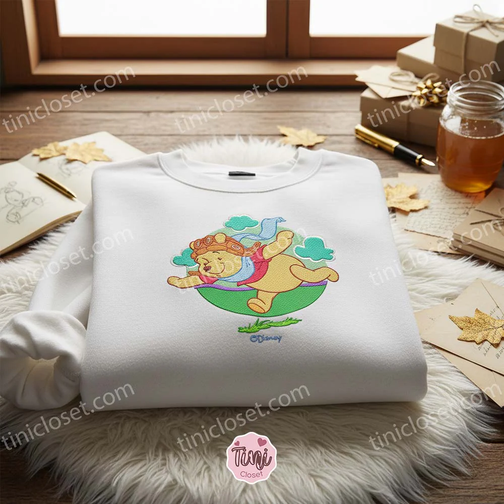 Vintage Style Flying Pooh Bear Crewneck, Cozy Gifts for Girlfriend, Embroidered Disney Character Sweatshirt