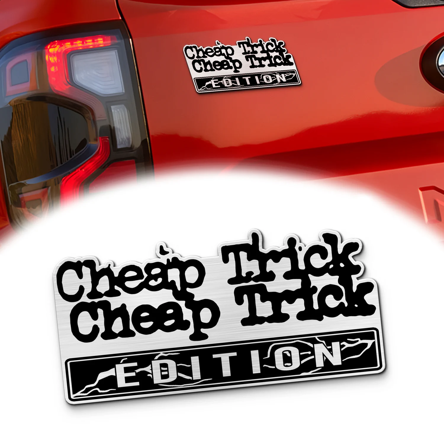 Cheap Trick Edition Car Emblem, Brushed Metal Badge for Car Rear, Silver