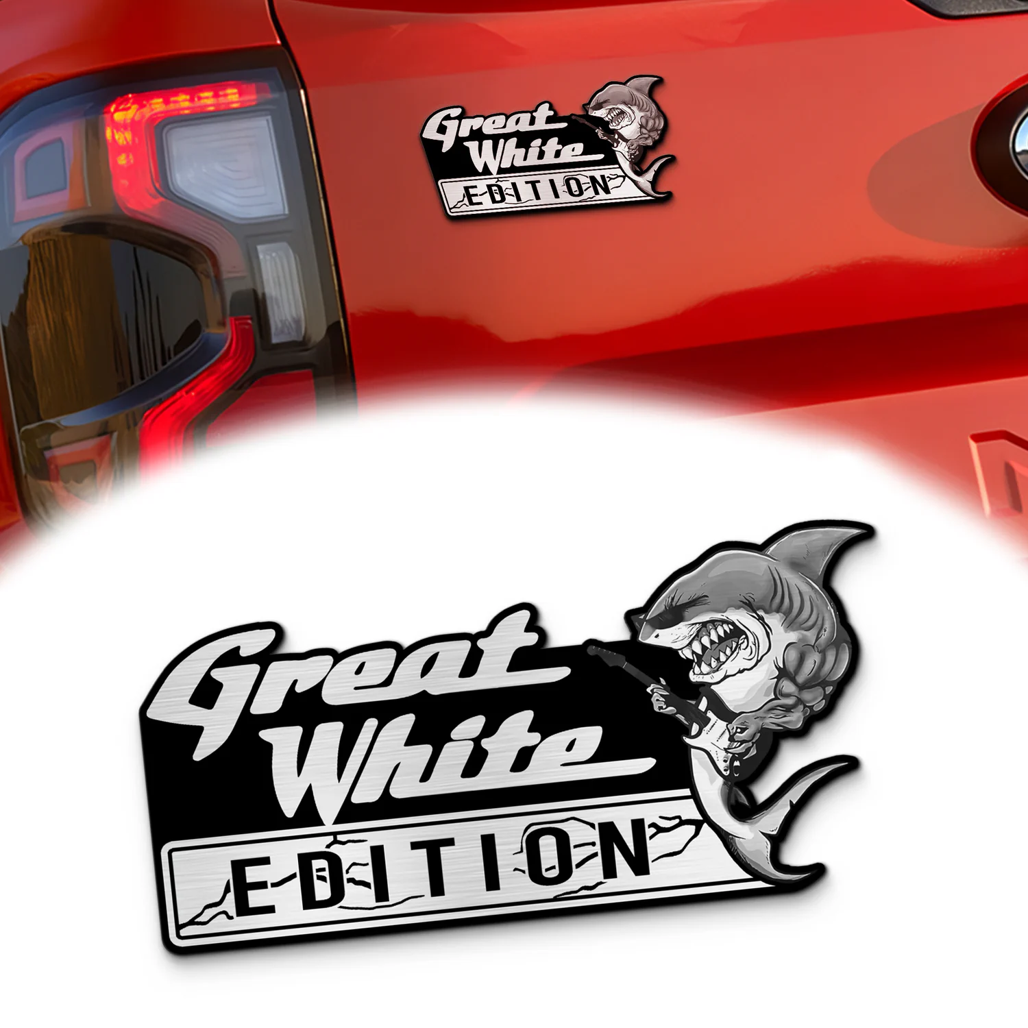 Great White Edition Car Emblem, Brushed Metal Badge for Car Rear, Silver