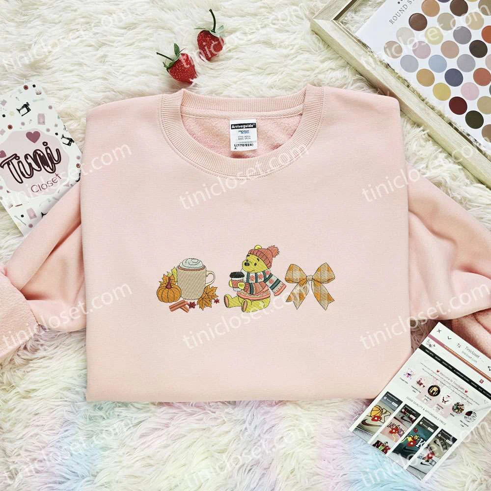 Winnie The Pooh Autumn Fall Cosy Drink Embroidered Shirt, Disney Characters Embroidered Hoodie