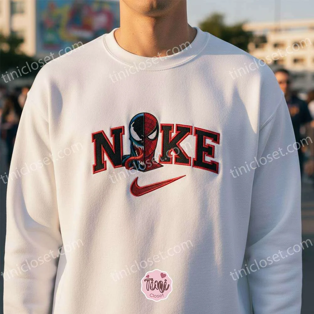Venom Split Face Embroidered Hoodie, Custom Spider Superhero Sweatshirt, Spidey Comic Embroidery Crewneck Shirt