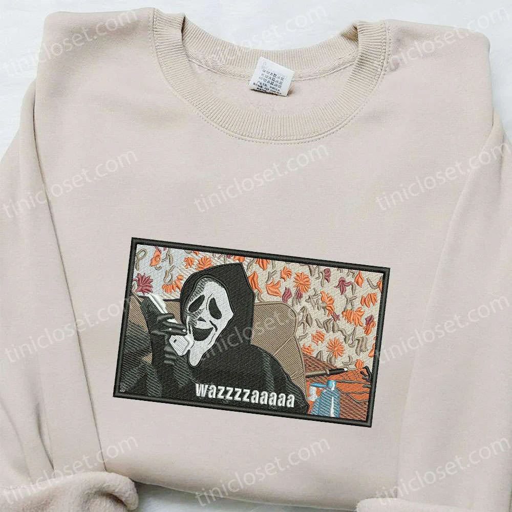 Wazzzzaaaa Ghostface Embroidered Sweatshirt, Horror Movie Embroidered Shirt, Best Halloween Gift Ideas