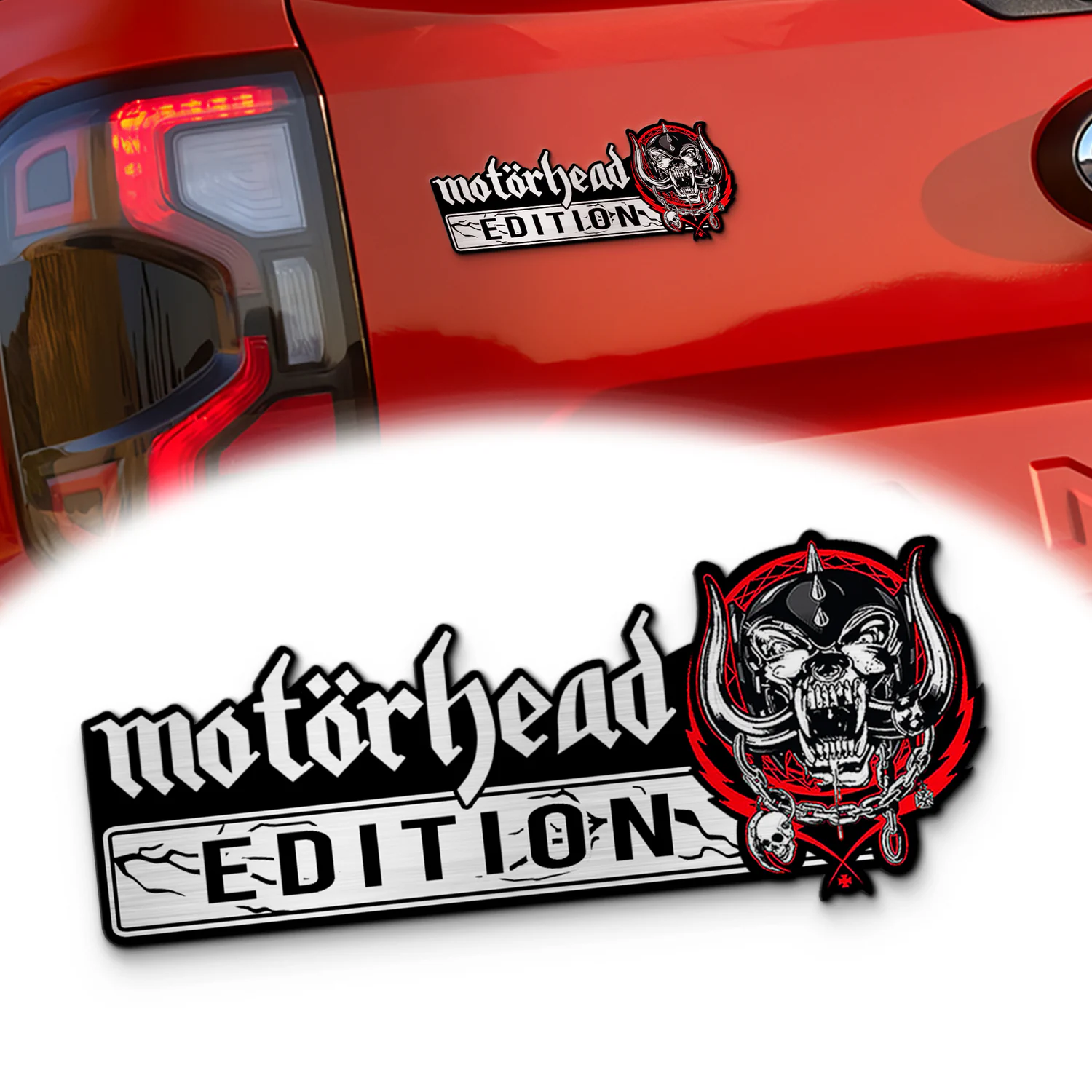 Motörhead Edition Laser Engraved Car Name Emblem Red Version, Brushed Metal Badge for Car Rear, Red