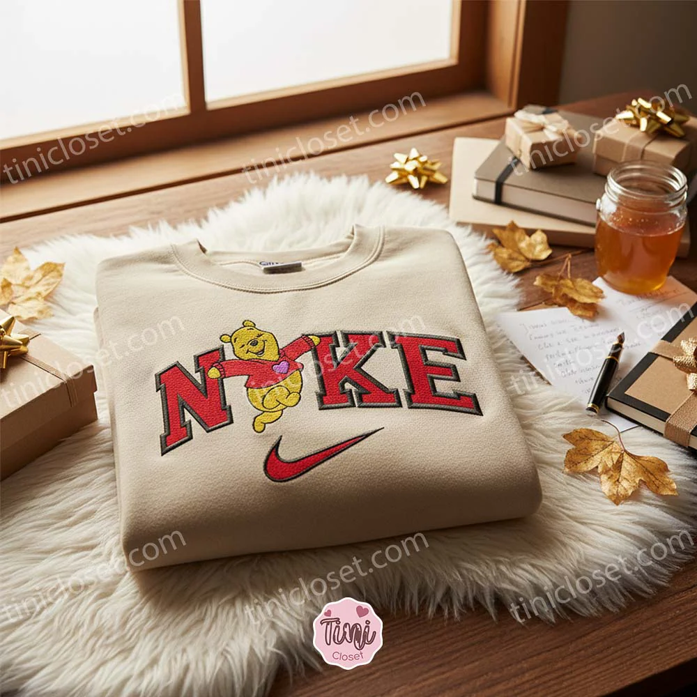Winnie The Pooh Heart Sweater Embroidered Crewneck, Valentine’s Day Embroidered Hoodie, Disney Characters Embroidered Tee
