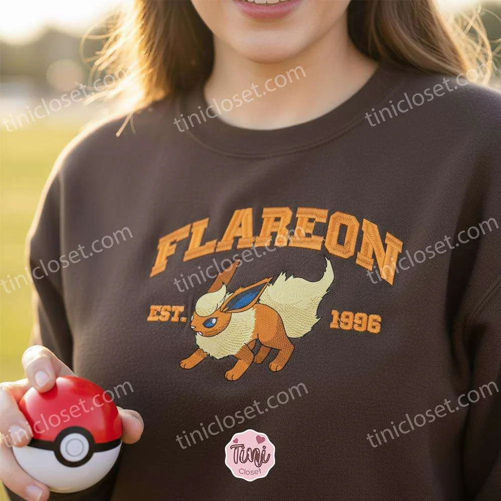 Vintage Flareon Embroidered Sweatshirt, Est 1996 Pokemon Eeveelution Crewneck, Long Distance Relationship Gifts
