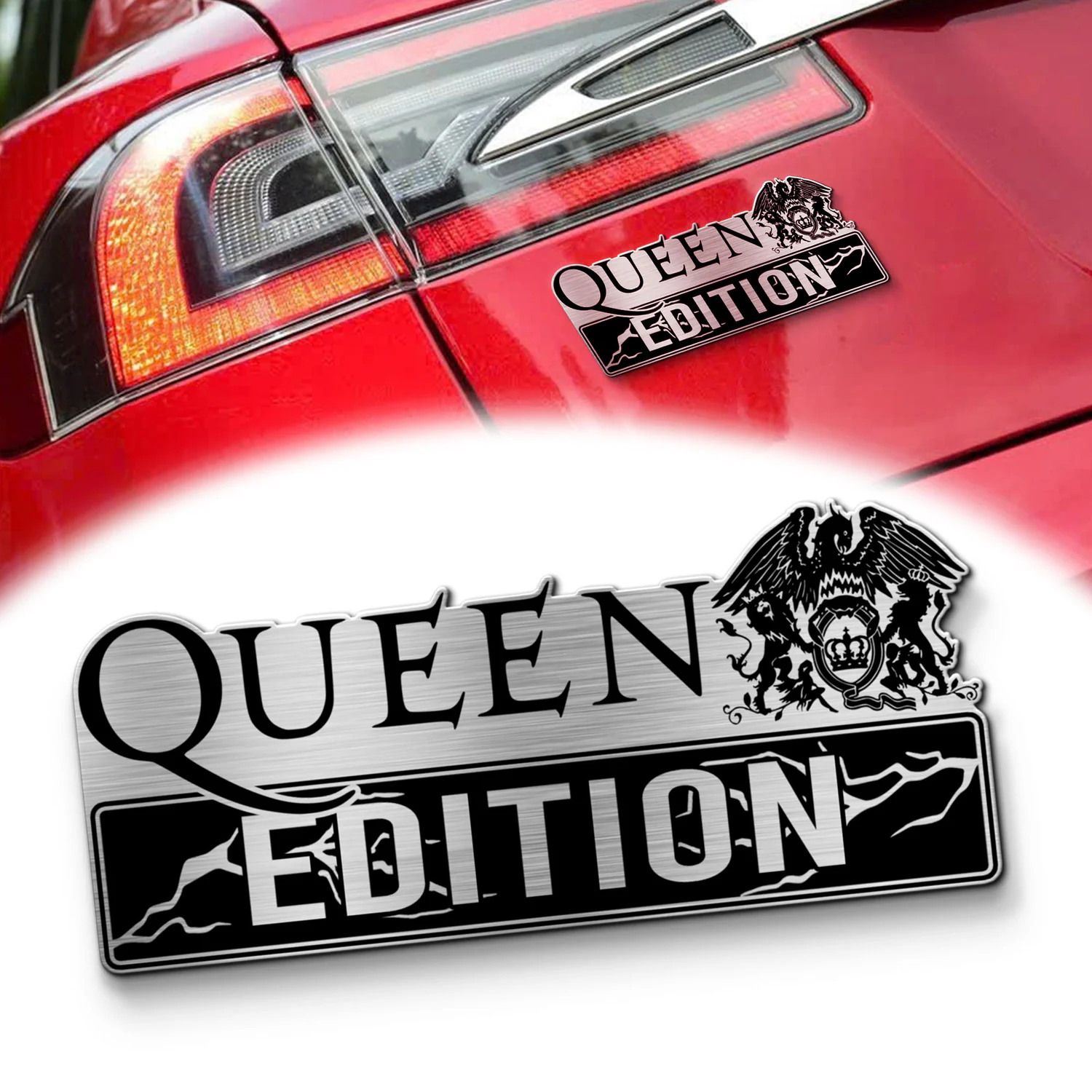 Queen Edition Laser Engraved Car Name Emblem, Brushed Metal Badge for Car Rear, Silver