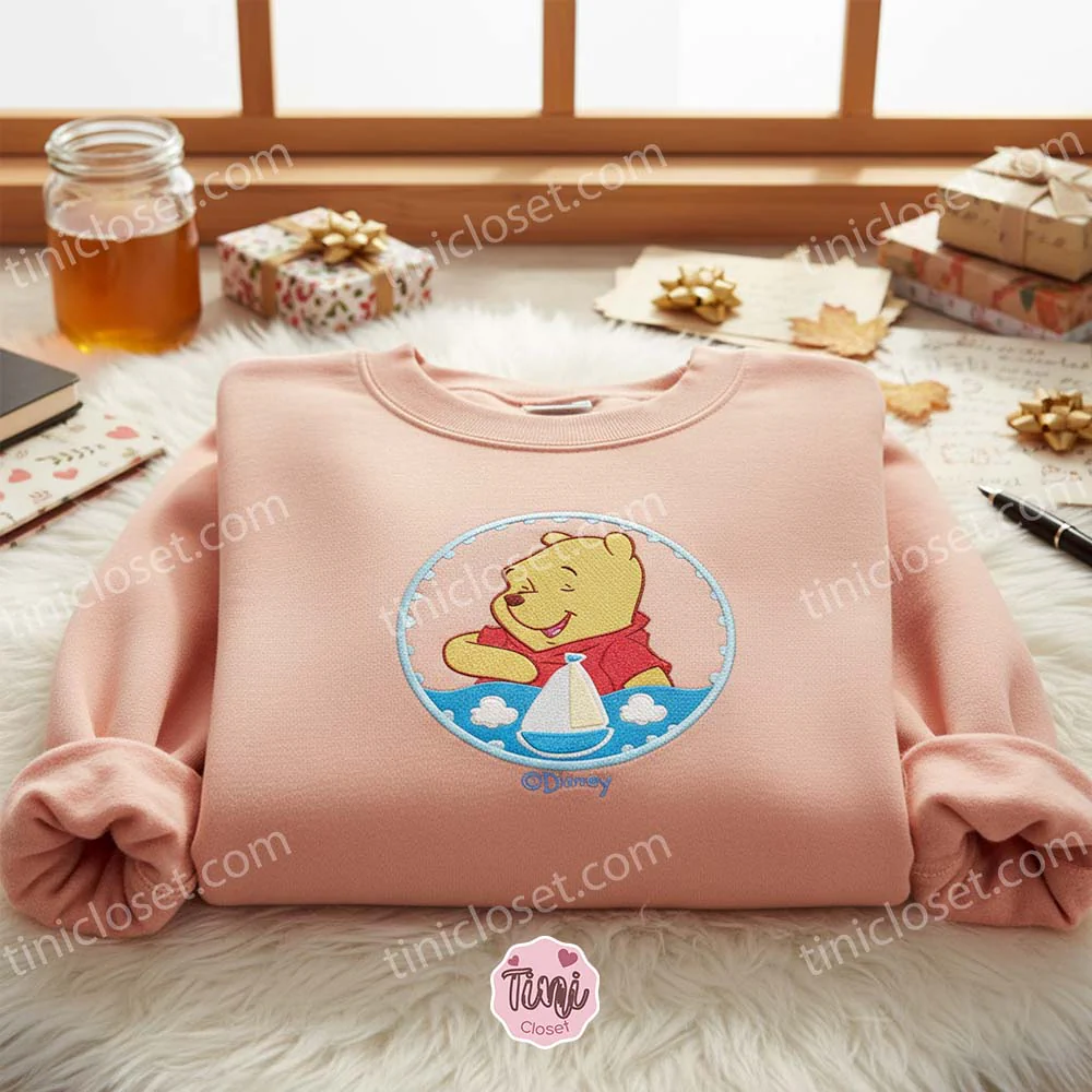 Vintage Style Pooh Bear Sailor Embroidered Sweatshirt, Cute Valentine Crewneck For Disney Lovers