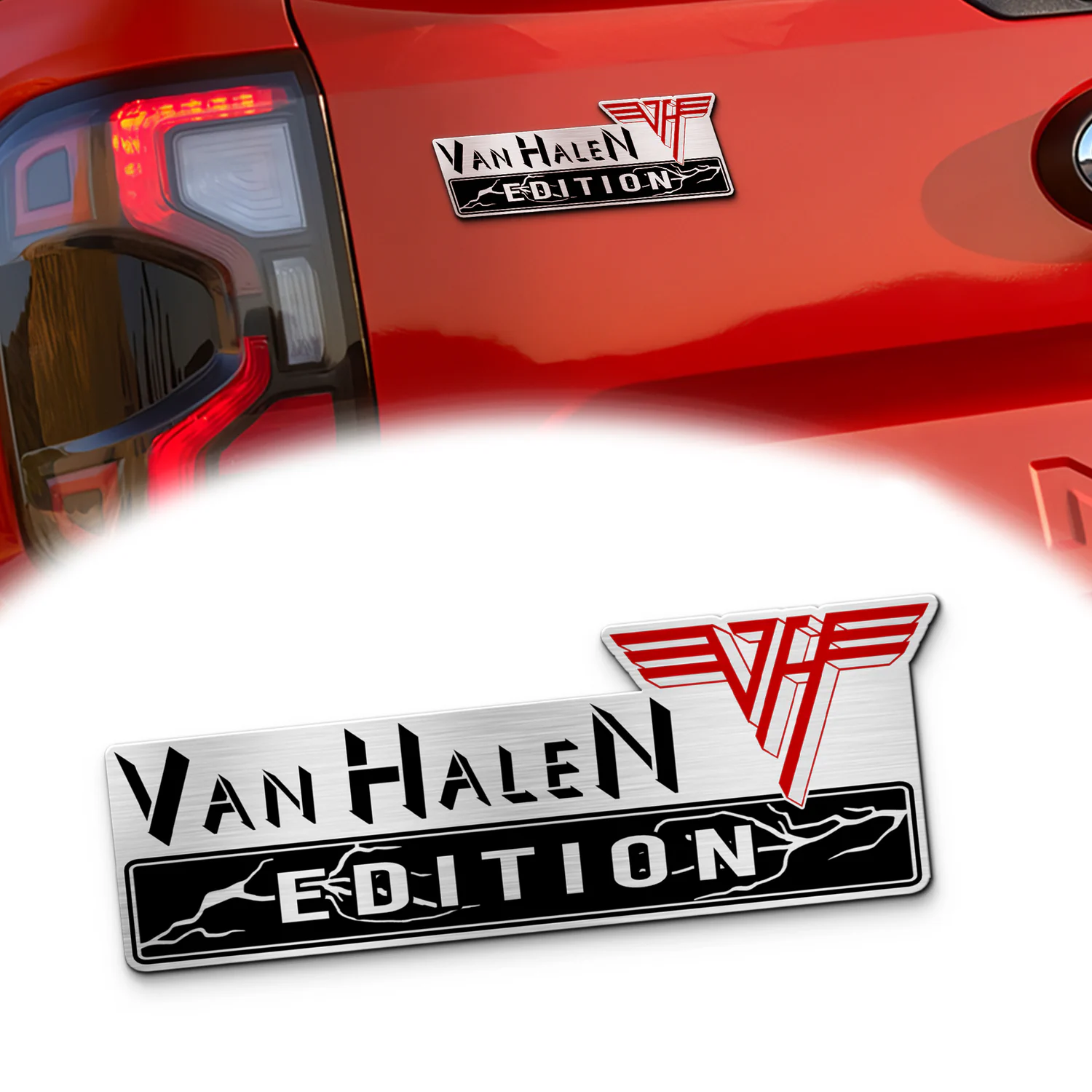 Van Halen Edition Car Name Emblem Version 4, Brushed Metal Badge for Car Rear, Silver