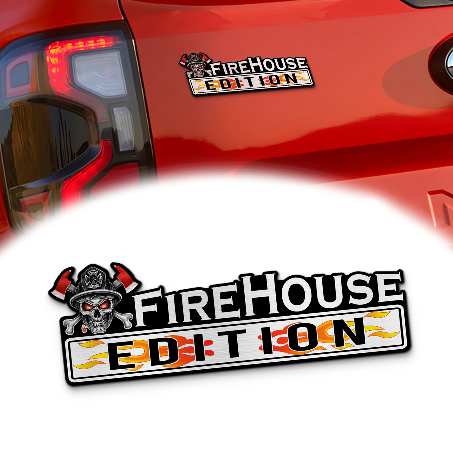 Firehouse Edition Car Emblem, Brushed Metal Badge for Car Rear, Silver