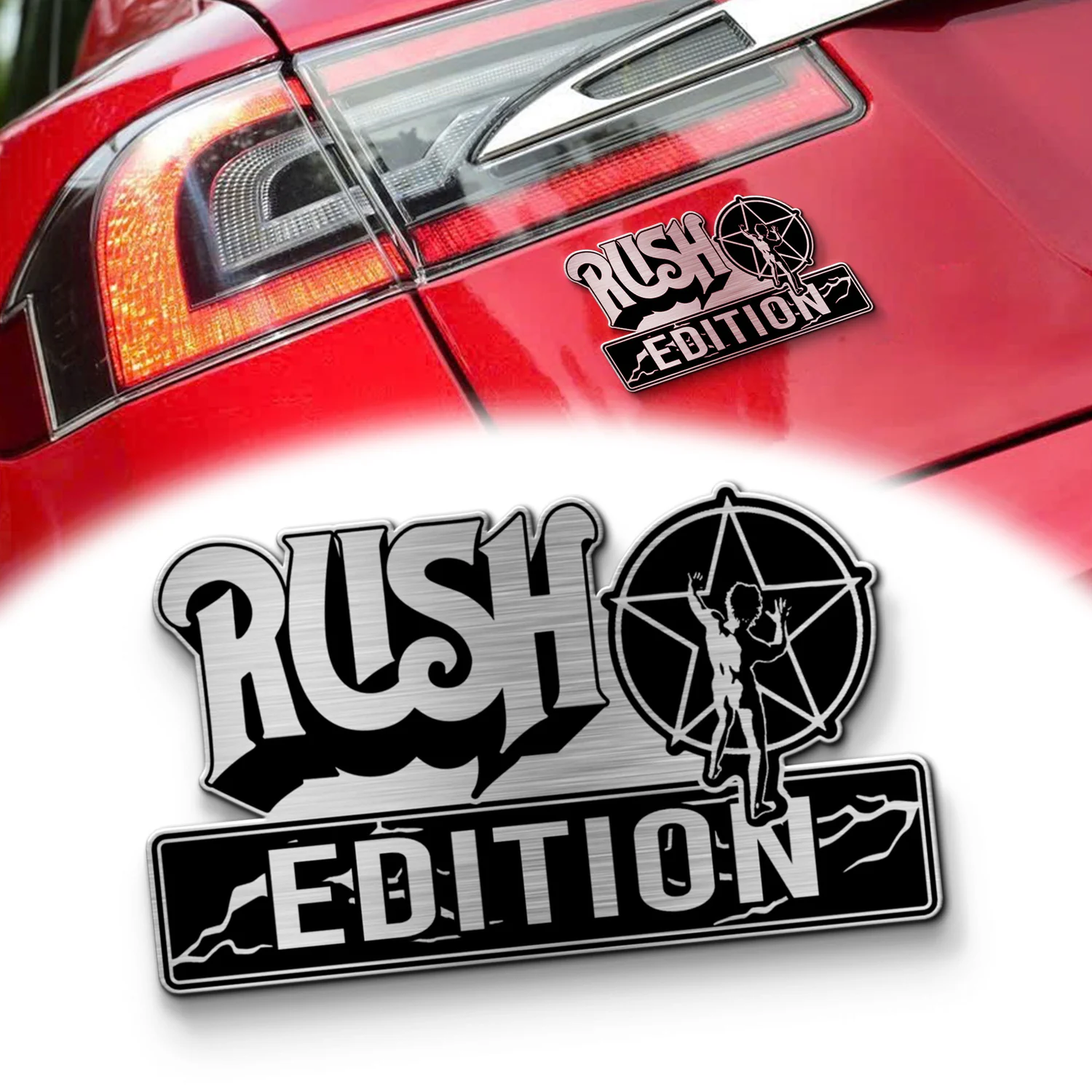 Rush Edition Laser Engraved Car Name Emblem, Brushed Metal Badge for Car Rear, Silver