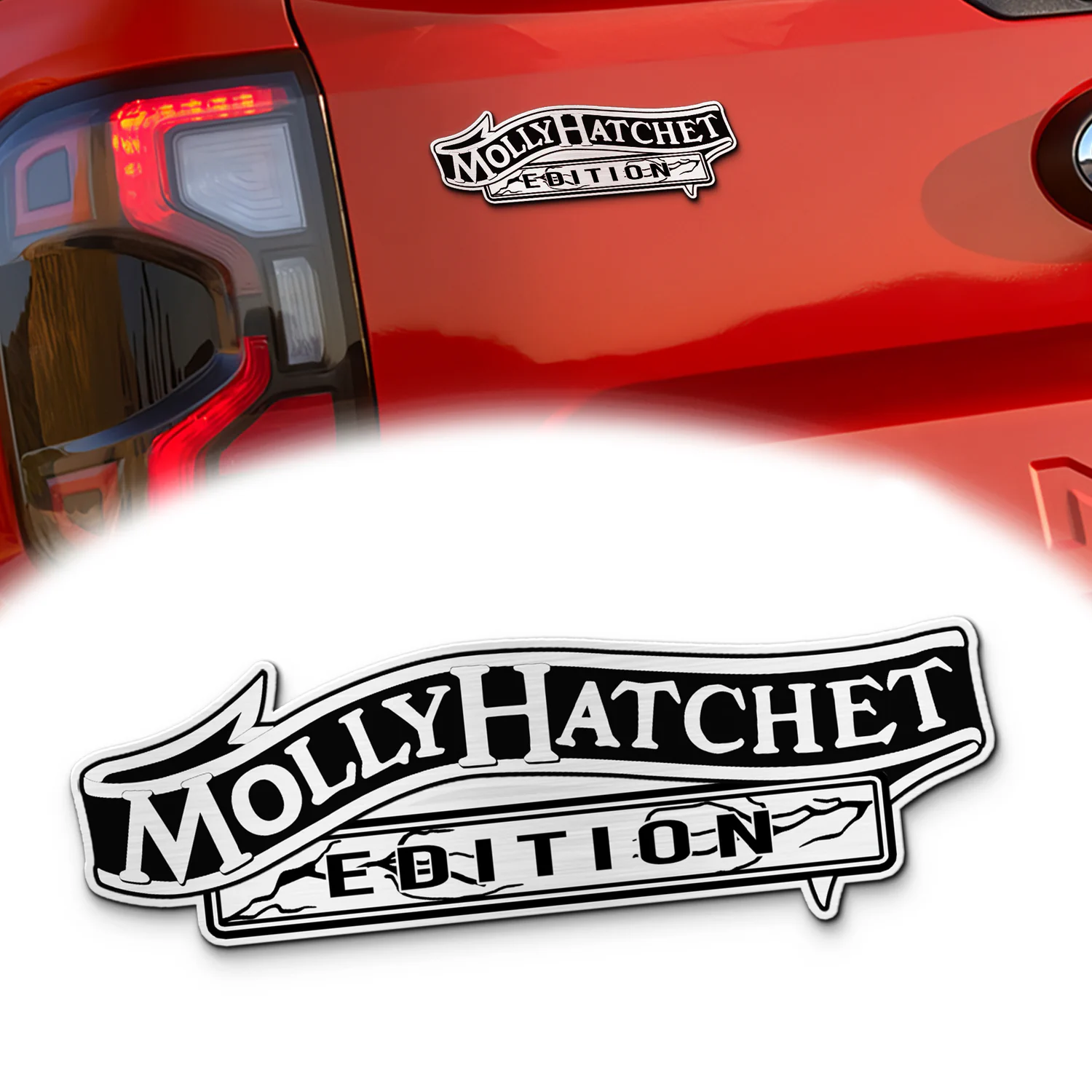 Molly Hatchet Edition Car Name Emblem Version 2, Brushed Metal Badge for Car Rear, Silver
