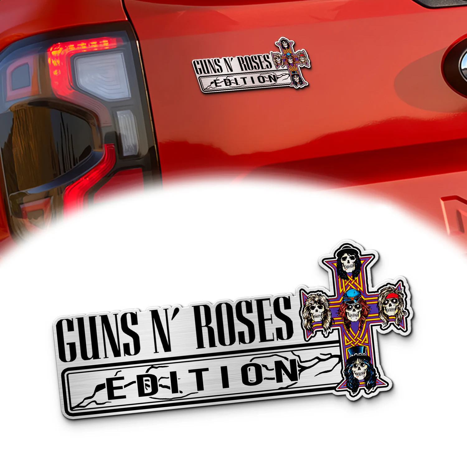 Guns N' Roses Edition Car Name Emblem Version 3, Brushed Metal Badge for Car Rear, Silver
