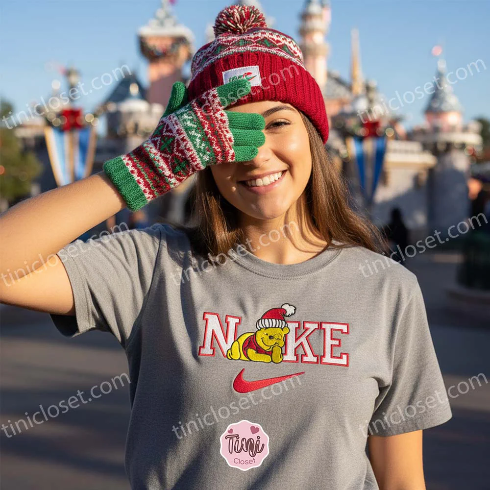 Winnie the Pooh Christmas Embroidered Sweatshirt, Disney Pooh Bear Nike Inspired Hoodie, Custom Christmas Embroidered Shirt, Retro Cartoon Xmas Crewneck