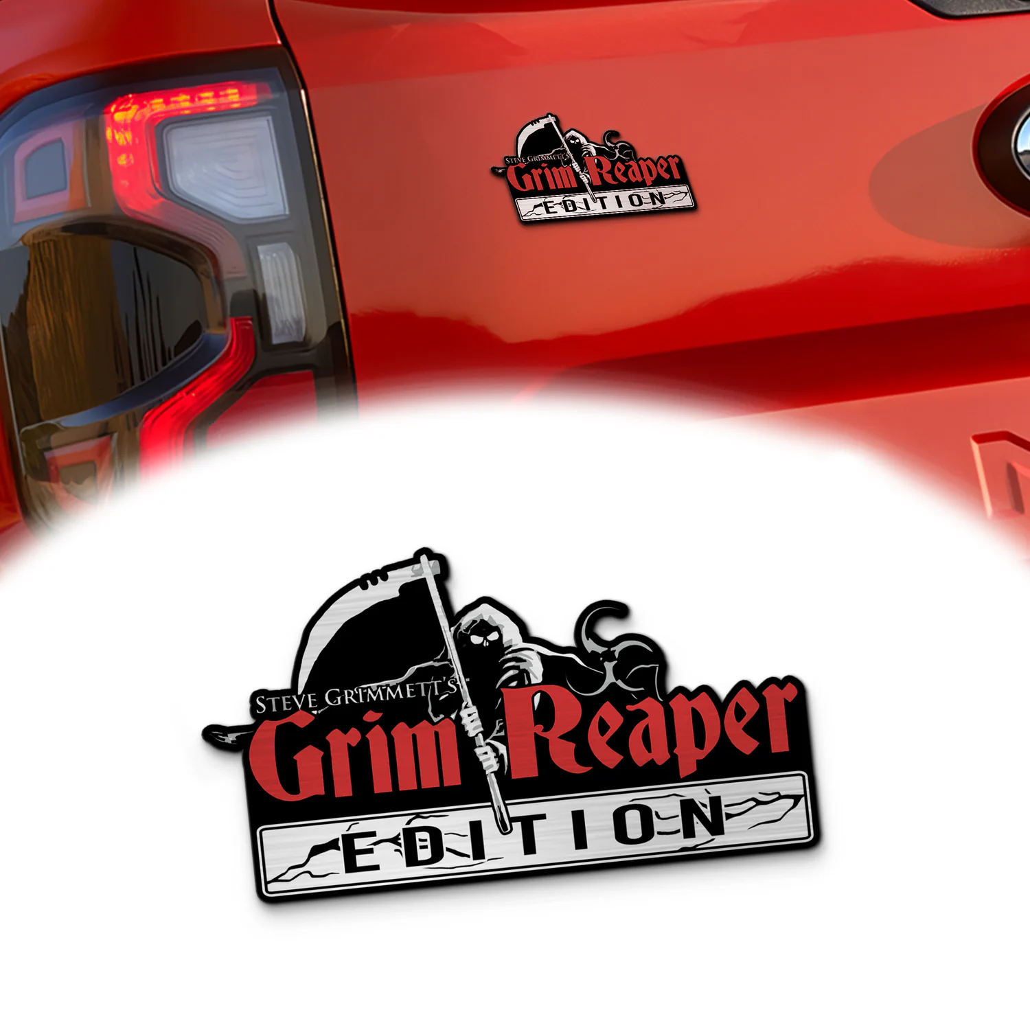 Grim Reaper Edition Custom Car Emblem Version 1, Brushed Metal Badge for Car Rear, Silver