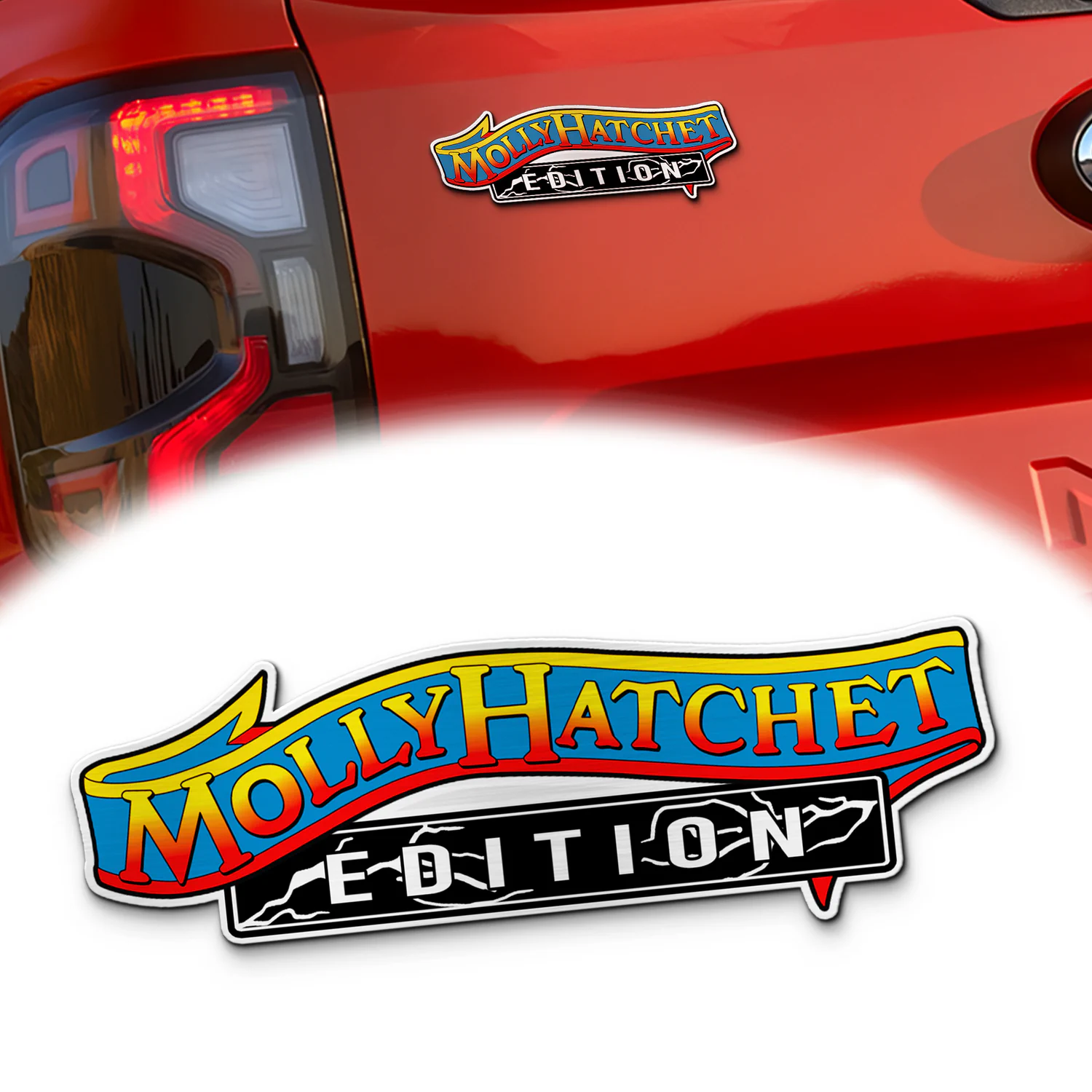 Molly Hatchet Edition Car Name Emblem Version 1, Brushed Metal Badge for Car Rear, Silver