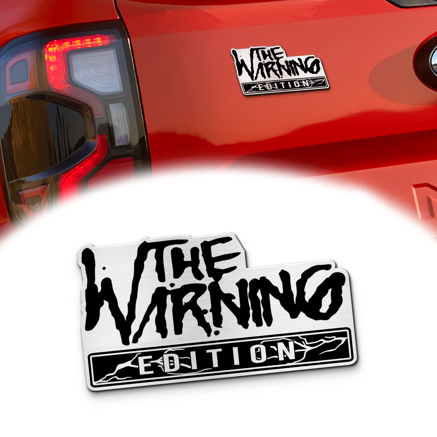 The Warning Edition Car Emblem, Brushed Metal Badge for Car Rear, Silver