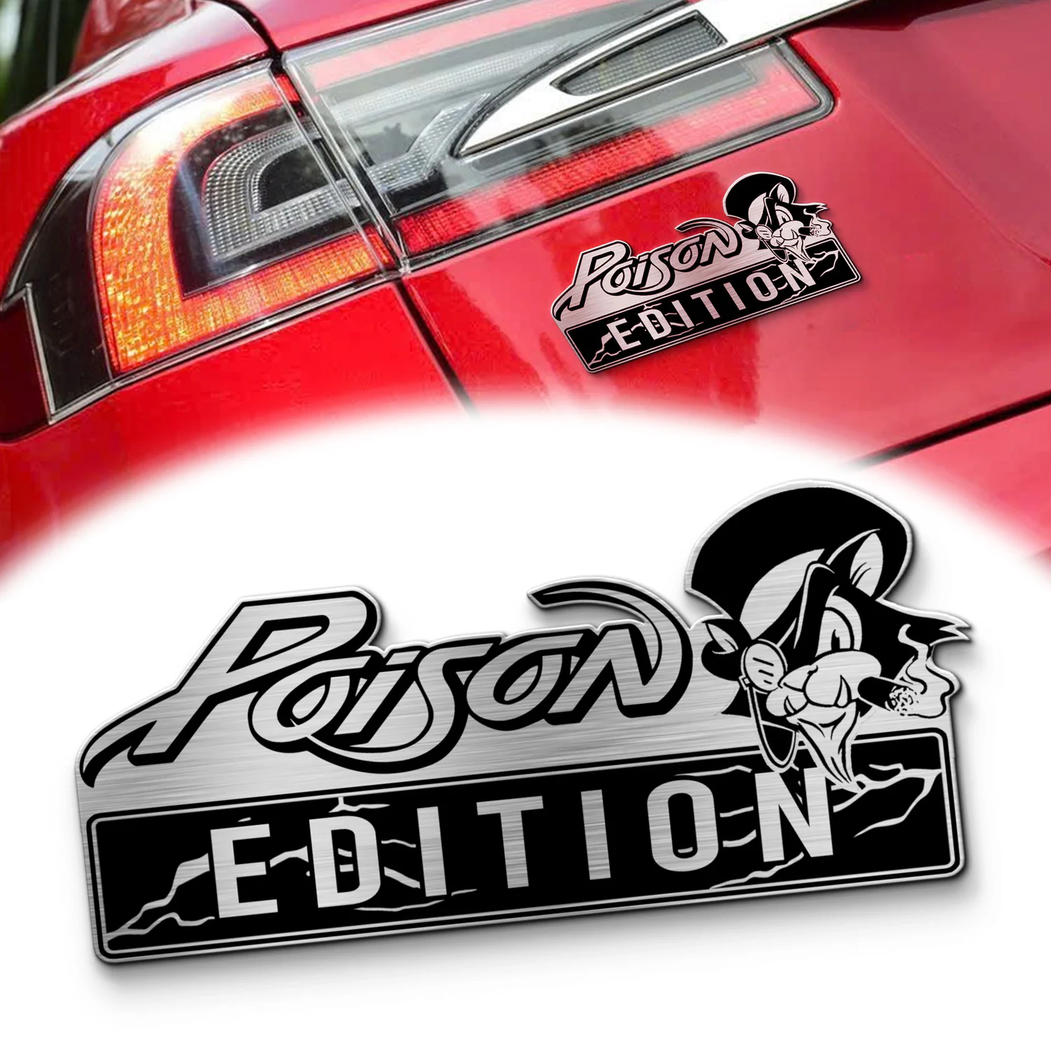 Poison Edition Laser Engraved Car Name Emblem, Brushed Metal Badge for Car Rear, Silver