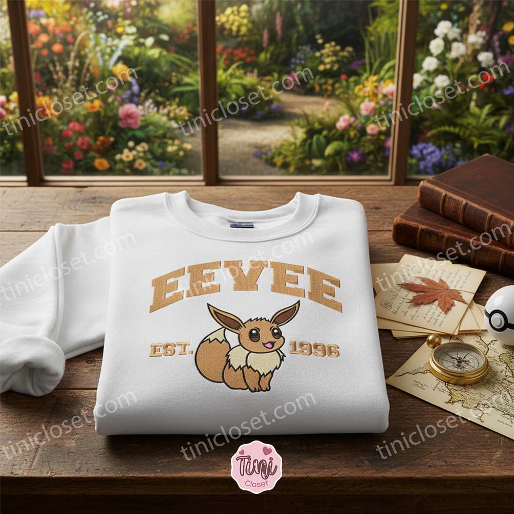 Vintage Eevee Pokemon Embroidered Sweatshirt, Est. 1996 Anime Crewneck, Cozy Gifts For Girlfriend